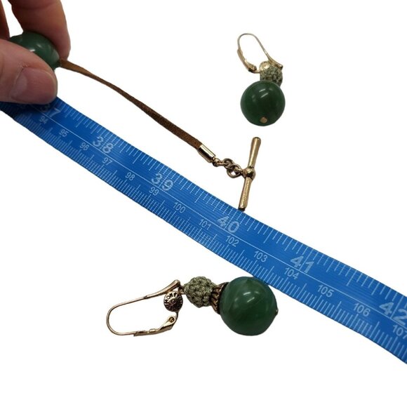 Vintage Signed Monet Set Necklace 38" Earrings 2" Green Bead Gold Tone Suede - Picture 11 of 12